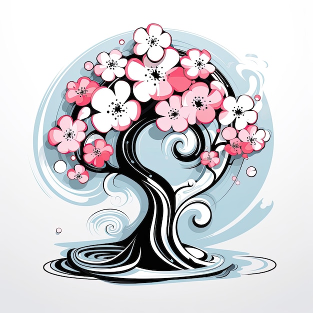 Sakura drzewo wiśnia zabawny ilustracja szkic kolaż wyrazista grafika clipart malarstwo