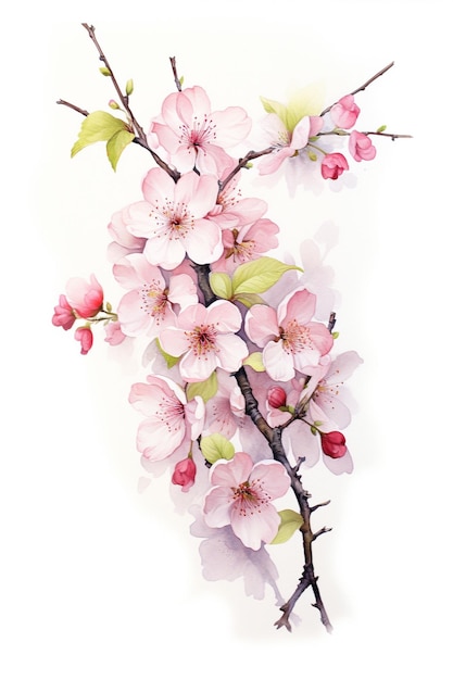 Zdjęcie sakura kwiaty bukiet farby akwarelowe na białym tle