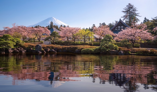 Zdjęcie sakura park i wioska na tle góry fuji