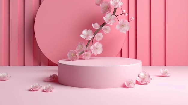 Sakura różowe kwiaty spadające na wyświetlacz podium z różowym odcieniem AI wygenerowane