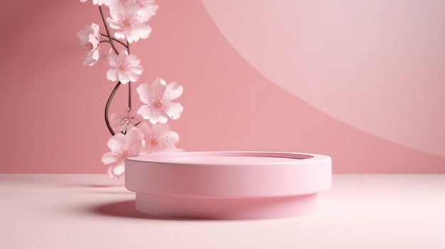 Sakura różowe kwiaty spadające na wyświetlacz podium z różowym odcieniem AI wygenerowane