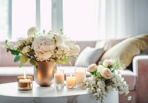 Sala bankietowa weselna ozdobiona kwiatami i zielenią
