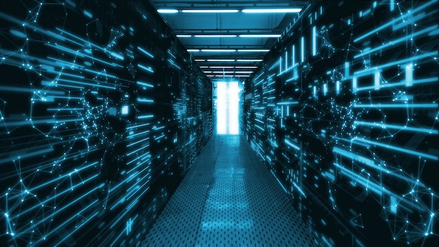 Zdjęcie sala centrum danych z abstrakcyjnymi serwerami danych i świecącymi wskaźnikami led