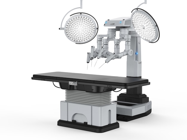 Sala chirurgiczna renderowania 3d z zrobotyzowaną maszyną chirurgiczną na białym tle