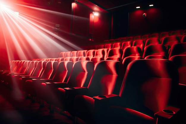 Sala kinowa z czerwonymi siedzeniami i reflektorami Tło kinowe Jasne, puste czerwone siedzenia w rzędach kinowych Wygenerowano sztuczną inteligencję