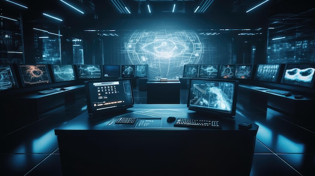 Sala komputerowa z dużym ekranem z napisem „Call of duty”.