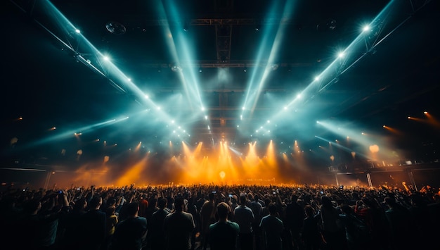 Sala koncertowa wypełniona licznymi ludźmi Niebieskie i żółte projektory oświetlają publiczność Generacyjna sztuczna inteligencja