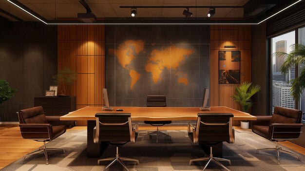 sala konferencyjna z dużą mapą świata na ścianie