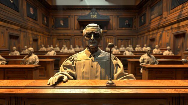 Zdjęcie sala sądowa pełna androidów przedstawiających sędziego i przysięgłych