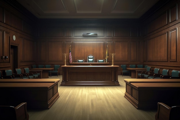 Sala sądowa z drewnianym stołem i krzesłami