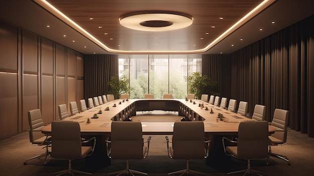 Sala spotkań biuro firmy z dużym stołem i projektorem z minimalistycznym wnętrzem