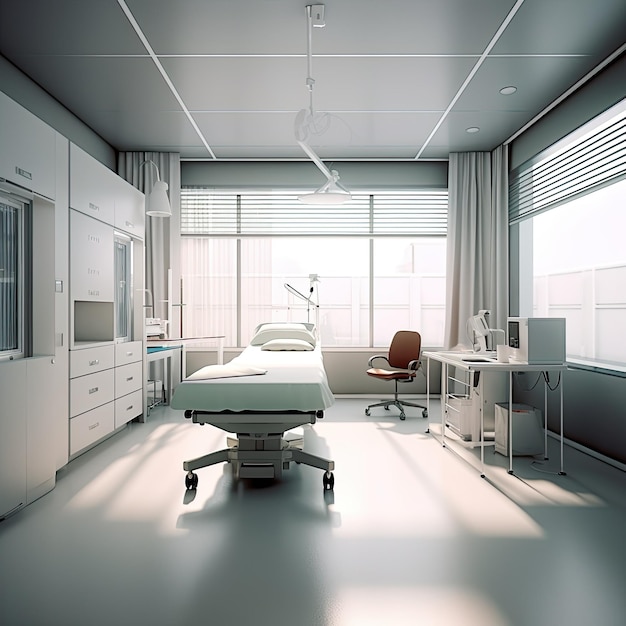 Sala szpitalna z dużą salą operacyjną i dużym oknem z napisem „szpital”.