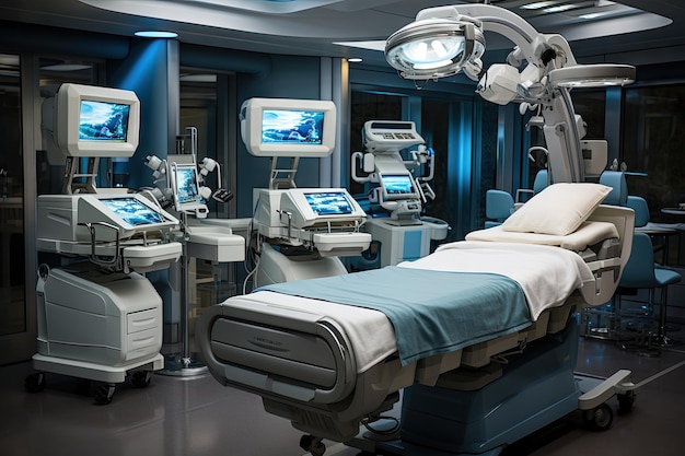 sala szpitalna z maszyną operacyjną i łóżkiem pacjenta na pierwszym planie jest oświetlona niebieskim światłem
