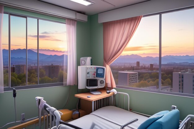 Zdjęcie sala szpitalna z widokiem na góry i niebo