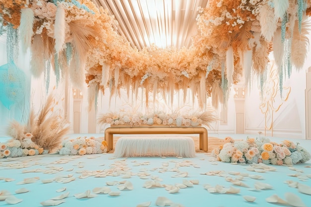 Sala weselna lub urodzinowa w stylu boho z pampasami i kompozycjami kwiatowymi