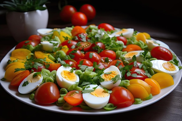 Salada fresca e colorida com folhas verdes pomidor pepino e nozes Molho de mostarda generative IA