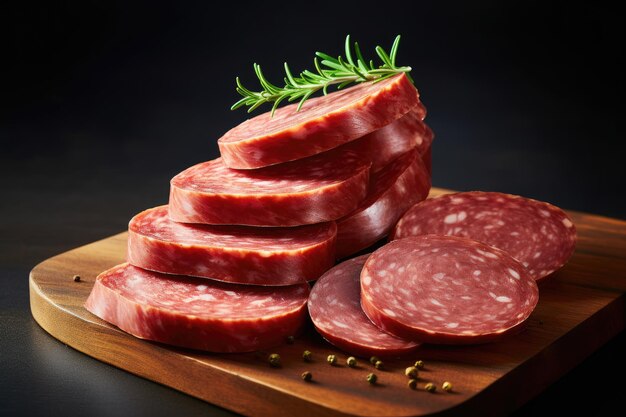 Salami z wędzoną kiełbasą na białym tle z góry