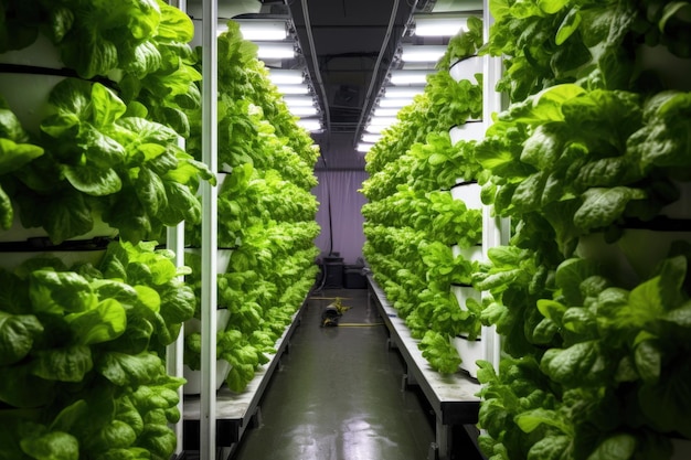 Sałata hydroponiczna rosnąca w pionowej konfiguracji farmy utworzonej za pomocą generatywnej sztucznej inteligencji