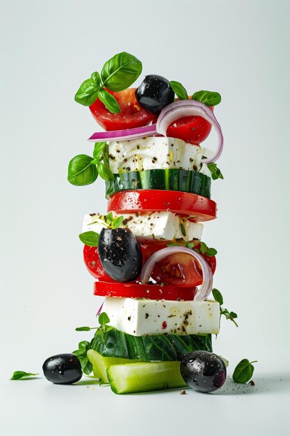 Salata warstwowa z świeżymi warzywami, serem i oliwkami na białym tle