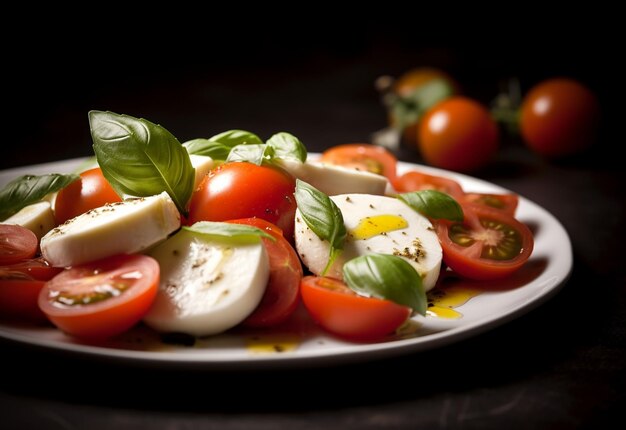 Zdjęcie sałatka caprese z bazylią pomidorową mozzarellą i octem balsamicznym ułożona na białym pl generative ai
