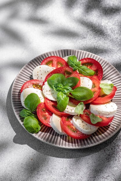 Sałatka caprese z mozzarellą, pokrojonymi pomidorami, przyprawami i świeżą bazylią, Domowa koncepcja jedzenia na smaczny i zdrowy posiłek