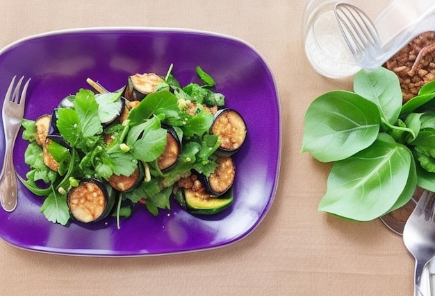 Sałatka smażona z bakłażana, zielone liście, mączka warzywna, przekąska na stole, kopia, tło, jedzenie