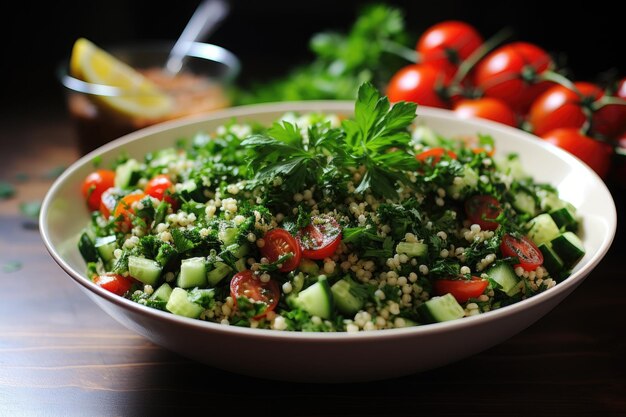 Sałatka tabbouleh to popularne danie na Bliskim Wschodzie lub w języku arabskim Bulgur quinoa pomidory ogórki pa