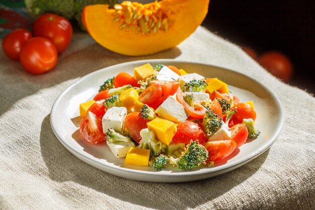 Sałatka wegetariańska z brokułami, pomidorami, serem feta i dynią na białym talerzu ceramicznym na lnianym materiale,