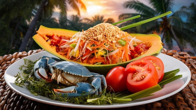Sałatka z papai, papai, niebieski krab, świeże tajskie jedzenie