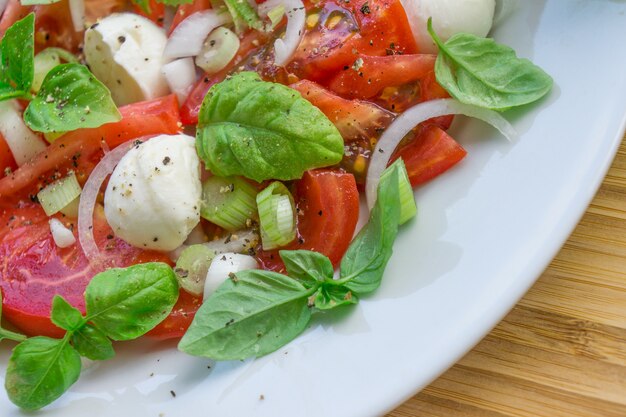 Sałatka z pomidorami, liśćmi bazylii, serem mozzarella i cebulą