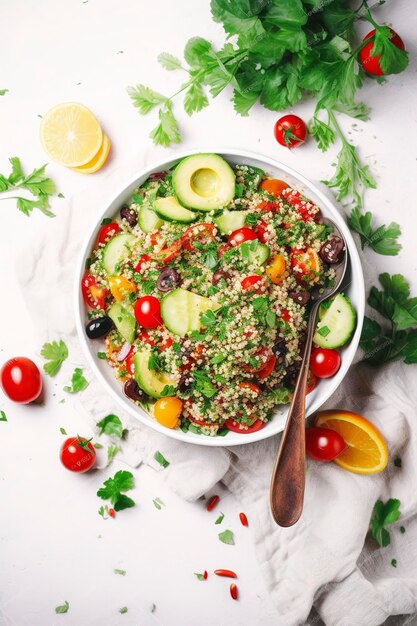 Sałatka z quinoa tabbouleh z czerwonymi pomidorami wiśniowymi pomarańczowym papryką awokado ogórkami i pietruszką Tradycyjne potrawy z Bliskiego Wschodu i Arabii Biały tło stołu widok z góry generuje ai