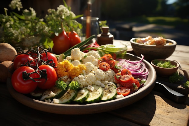 Sałatka ze świeżego ogrodu z mieszanymi warzywami Orzeźwiająca sałatka z mieszanką chrupiących warzyw i pikantnym sosem winegret Wygenerowane przez AI