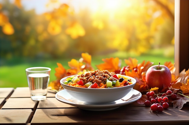 Sałatka ze świeżych warzyw na drewnianym stole z widokiem na jesienny poranek