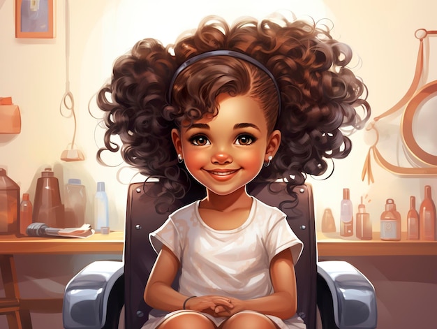 Salon fryzjerski dla dzieci mała czarna dziewczynka uśmiecha się swoim nowym wyglądem włosów