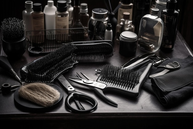 Salon fryzjerski z grzebieniem, nożyczkami, grzebieniami i innymi narzędziami.