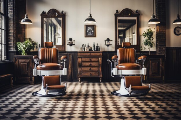Zdjęcie salon fryzjerski z starymi krzesłami fryzjerskimi i klasycznym wystrojem stylowy wnętrze salonu fryzjerskiego generatywna ilustracja ai