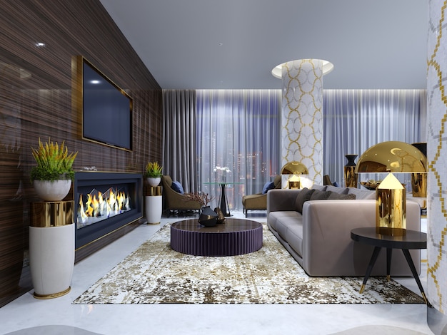 Salon kominkowy w luksusowym hotelu z miękką sofą, fotelami i stolikiem kawowym. Drewniana ściana z wbudowanym telewizorem i kominkiem. renderowanie 3d
