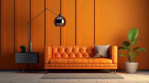Salon ma pomarańczową skórzaną sofę i minimalną dekorację Generative AI