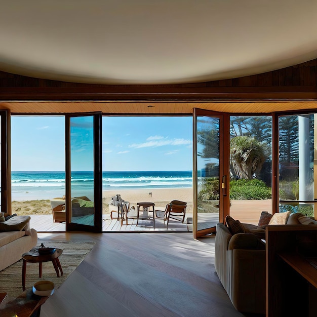 Salon w domku na plaży z dwuskrzydłowymi drzwiami otwierającymi się na widok