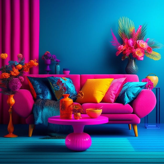 Salon w jasnych kolorach z różową kanapą i niebieskimi ścianami generatywnej ai