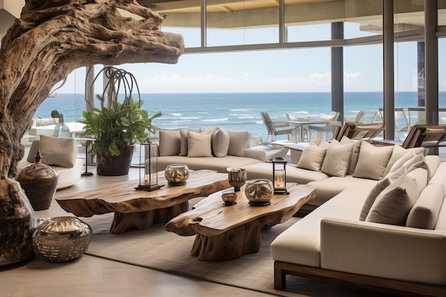 Salon w nadmorskim domu na plaży z przewiewnym motywem marynistycznym i nadmorskim wystrojem