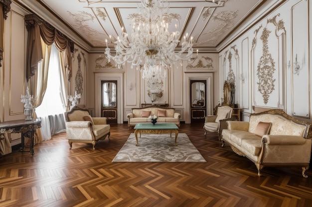Salon w stylu barokowym z misterną drewnianą podłogą, pluszowymi siedziskami i ozdobnym żyrandolem