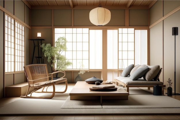 Salon w stylu japońskim z minimalistycznymi meblami i wyrafinowanym wystrojem stworzonym za pomocą generative ai