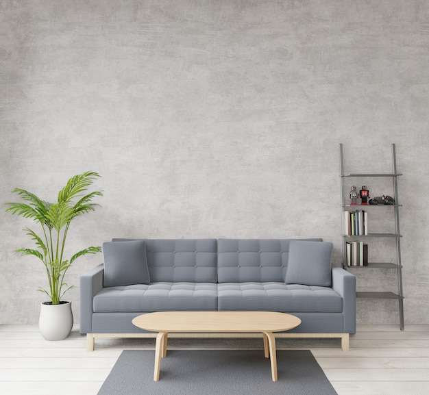 Zdjęcie salon w stylu loftu z surowym betonem, drewnianą podłogą, sofą