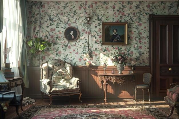 Zdjęcie salon w stylu wiktoriańskim z kwiatowymi tapetami