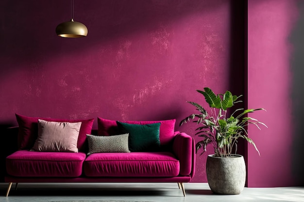 Salon w trendzie viva magenta kolor roku 2023 Kolorowa sofa z jaskrawym akcentem Tynk z mikrocementu Tło ściany Karmazynowy burgund aranżacja wnętrz pokoju Beżowa struktura stiuku
