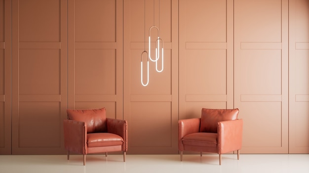 Salon wnętrz w nowoczesnym stylu, brzoskwiniowe ściany i krzesła, 3d renderowania tła