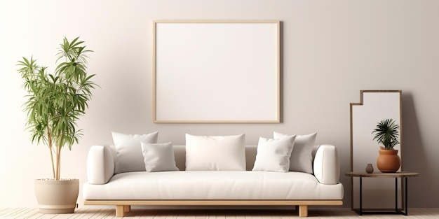 Salon z białą kanapą i ramą z napisem „dom”.