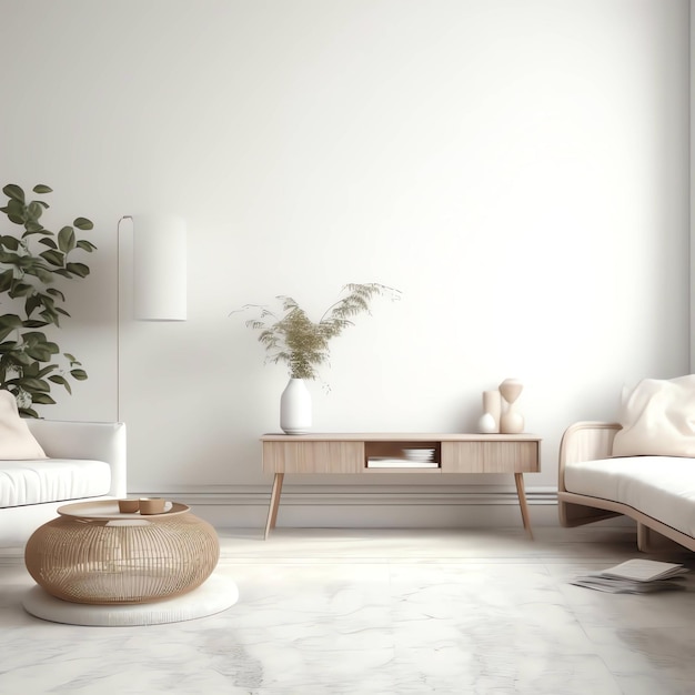 Salon z białą kanapą, stolikiem kawowym i rośliną na ścianie.