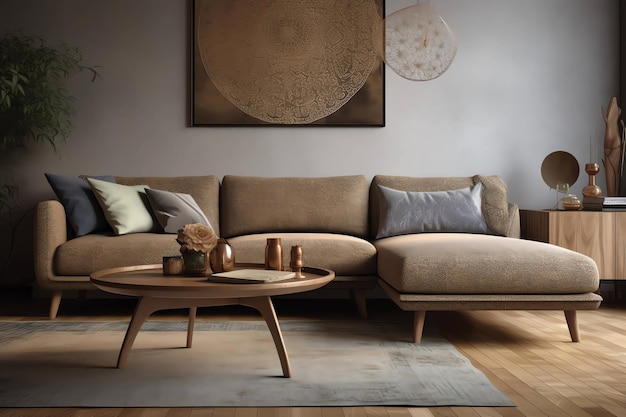 Salon z brązową sofą i drewnianym stolikiem kawowym.
